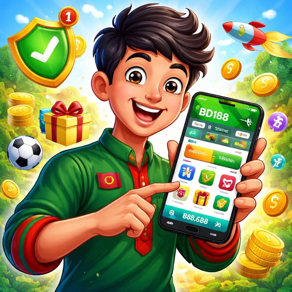 BD188 App cartoon character holding a smartphone with coins and mobile interface icons