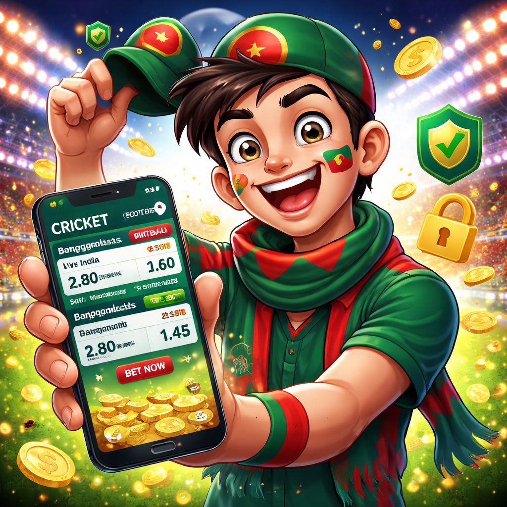 Cartoon sports bettor using a phone with cricket and football betting screens