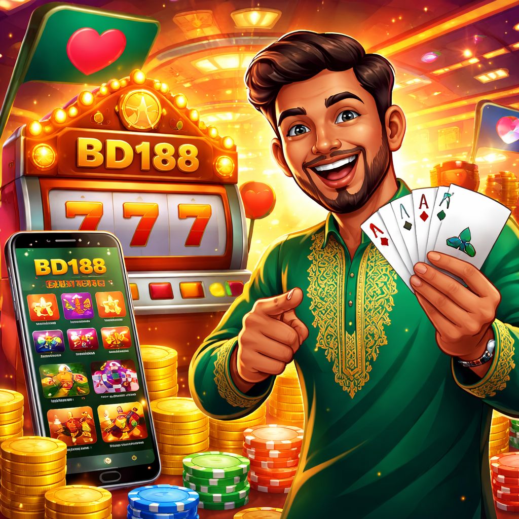 BD188 Casino cartoon player with cards, chips, slots, and glowing rewards