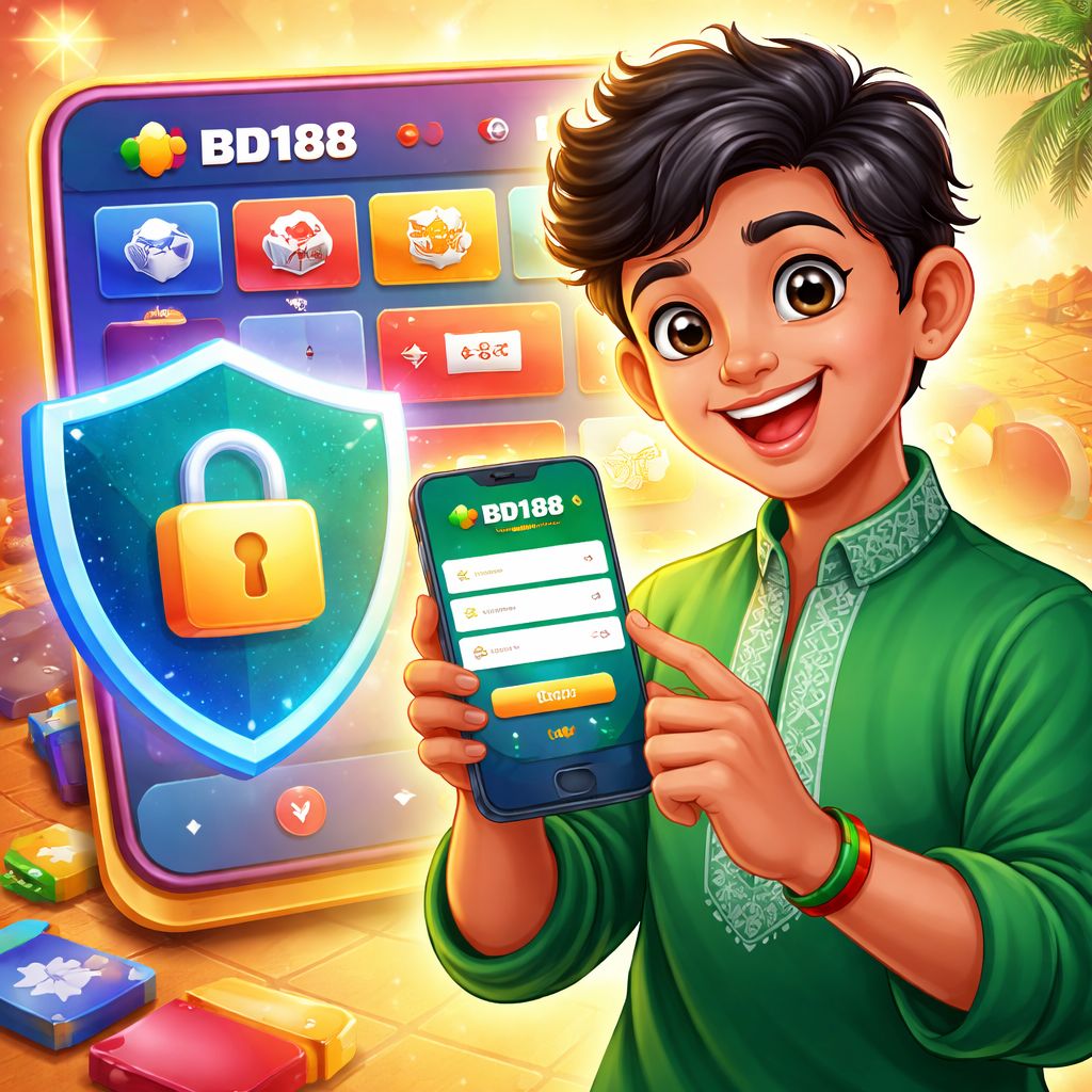 Cartoon BD188 user unlocking a mobile gaming account with security shield and coins