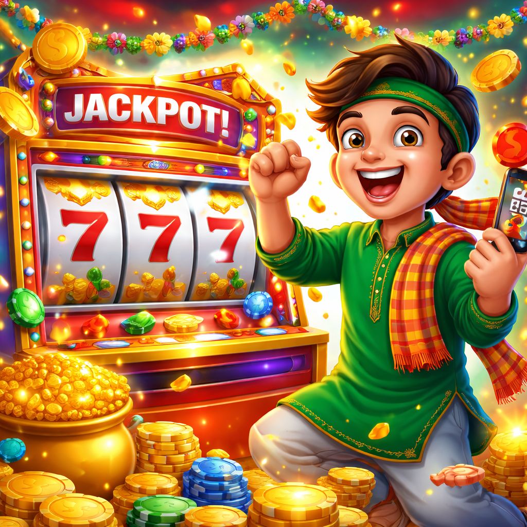 BD188 cartoon slot player celebrating a jackpot with coins and reels